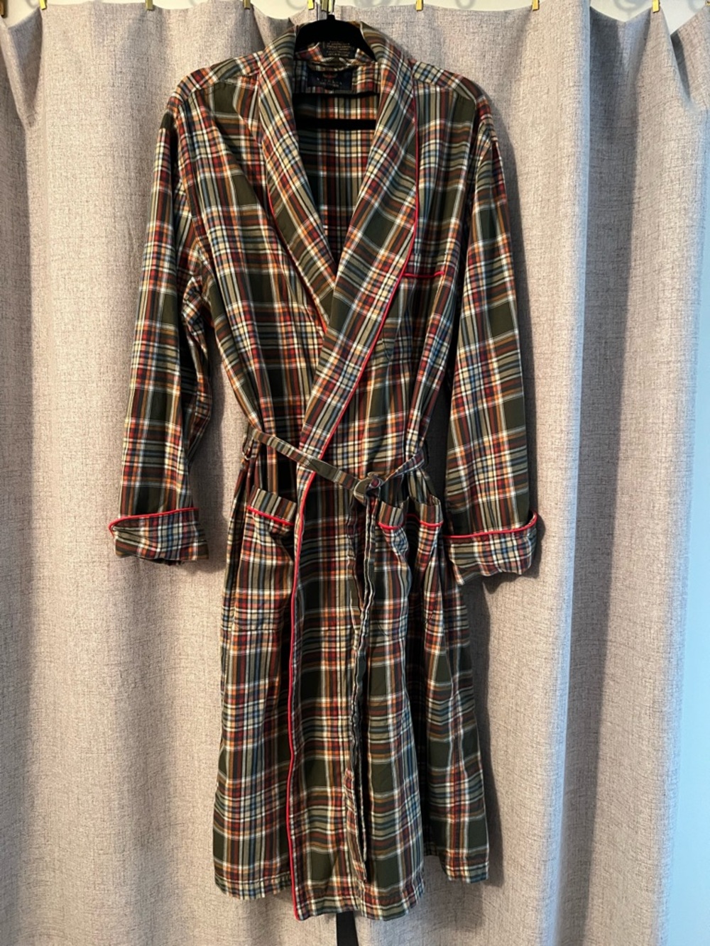 Vintage Viyella Tartan Plaid Belted Robe XL in Green Navy, Red, Tan
